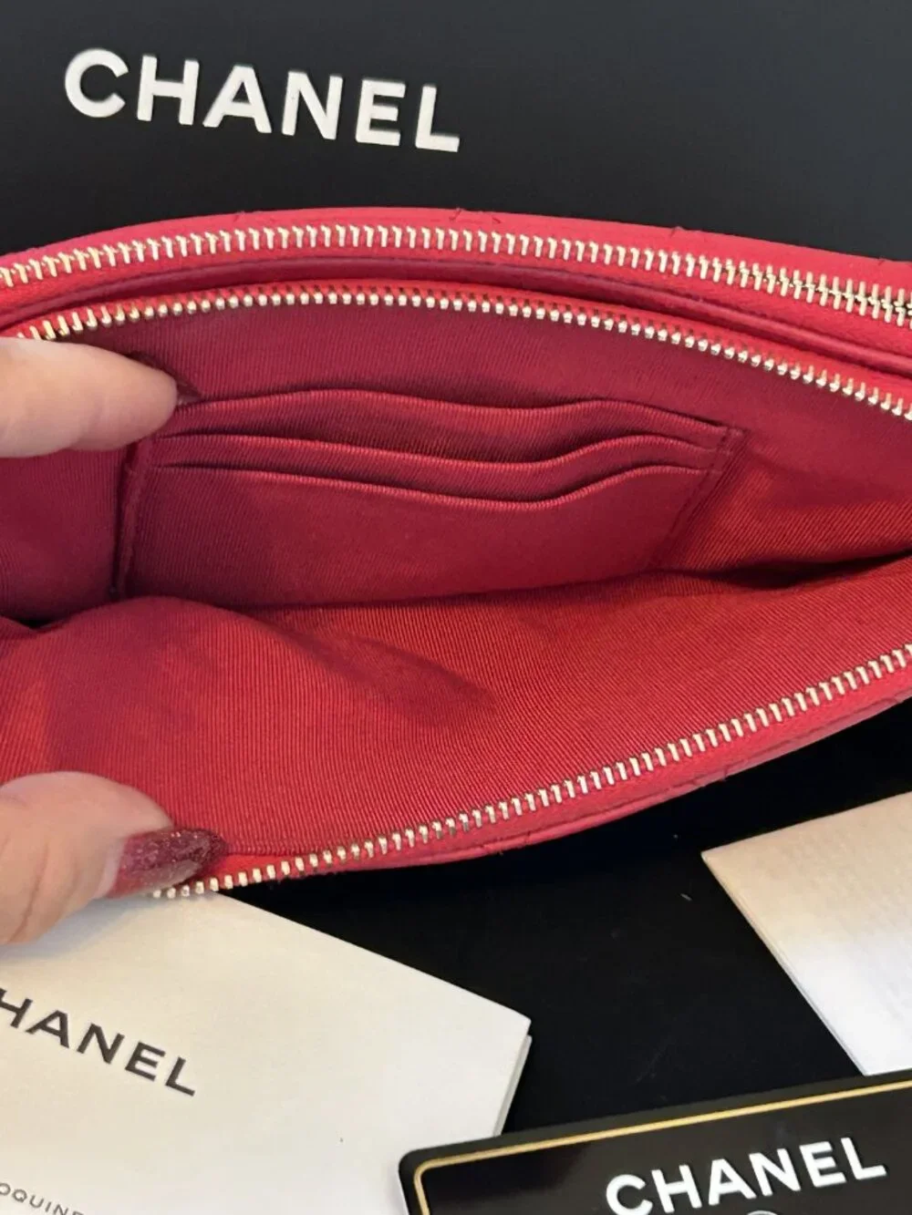 CHANEL Double Zip Bag in Pink Lambskin & Gold Hardware w box, dust bag, card